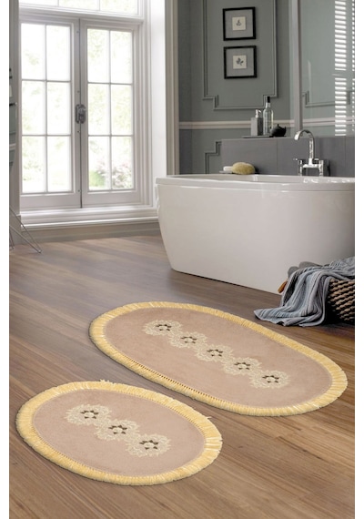 Eyfel Saçakli Banyo Takımı 2 Pcs Açik Kahve Cappuccino
