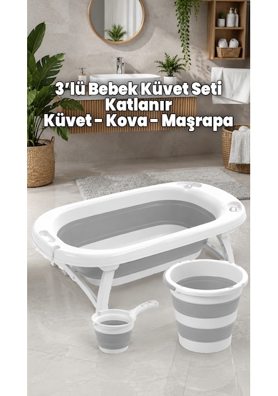 Bebek Küvet Seti - Katlanır Küvet - Kova ve Maşrapa Yer Kaplamaz Akordiyon Banyo Set - Katlanabilir Bebe Küvet Seti