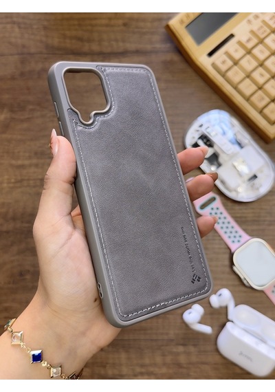 Samsung Galaxy A12 Uyumlu Premium Deri Dokulu Darbelere Karşı Dayanıklı Nazal Silikon Kılıf Gri