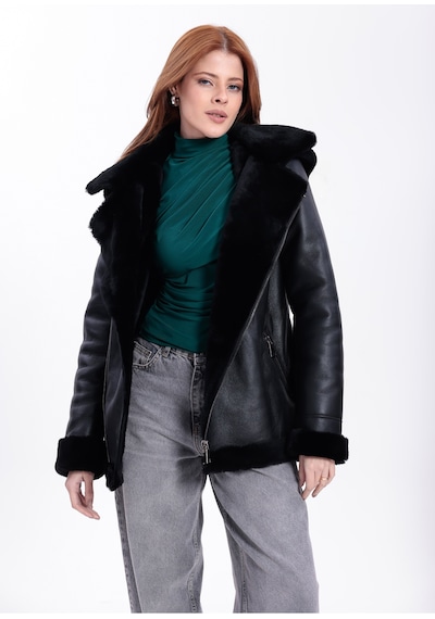 M M Marki Marki Hakiki Deri Kadın Mont Siyah İçi Kürklü Çıkma Kapüşonlu Yakalı Fermuarlı 65 Cm - 120422