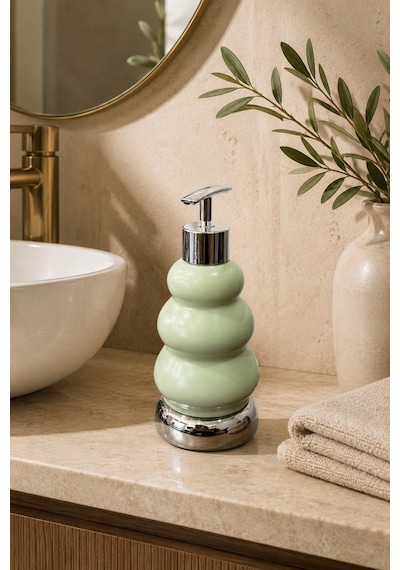 Trıo Dekoratif Premium 3 Boğumlu Sıvı Sabunluk 300 Ml Krom Görünümlü Pompalı Pastel Yeşil Banyo Ve Mutfak Sabun Dispenseri - 18,5 Cm X 7 Cm