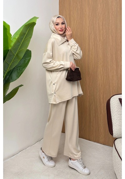 Mihran Butik Soho Elegance Yaka Detaylı Kadın Tesettür Alt Üst Takım Krem