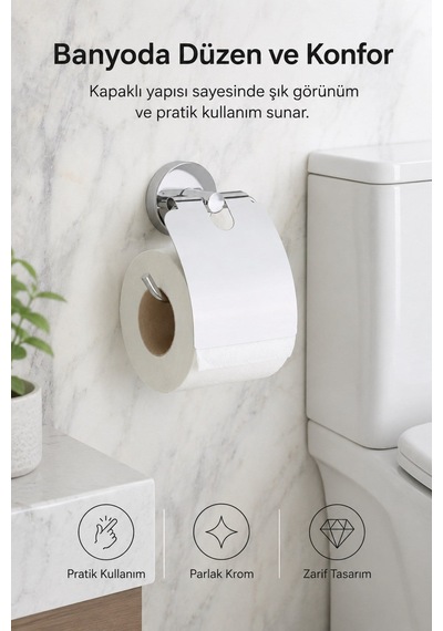 Alper Banyo Ceria Krom Kapaklı Tuvalet Kağıdı Askısı | Tuvalet Kağıtlığı | Hem Yapışkanlı Hem Vidalı Montaj