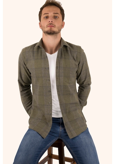 Haki Tek Cepli Oduncu Slimfit Hediye Kutulu Gömlek Haki