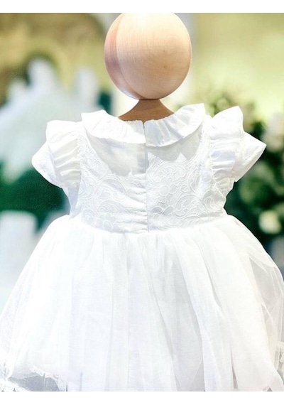 Cantoy Kız Bebek Şapka Detaylı Çiçekli Abiye Elbise-15305 Beyaz