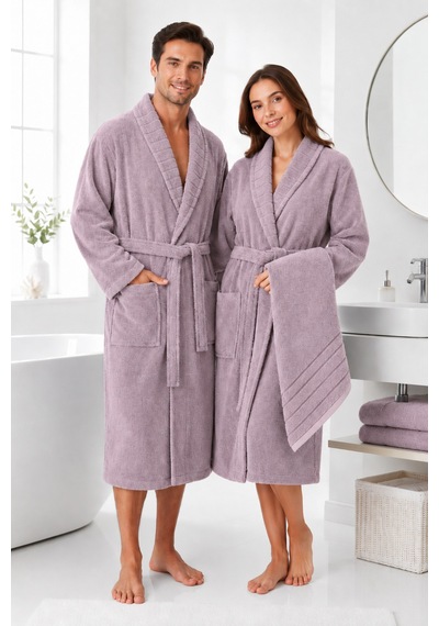 %100 Pamuk Bornoz Seti Unisex Yumuşak Dokulu Yüksek Su Emici Mürdüm