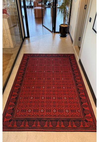 Haliç 301 Bordo Siyah Afgan Desenli Vintage Etnik Salon Halısı Oturma Odası İnce Hol Ev Oda Halısı