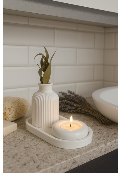 Seramik Vazo, Tealight Mumluk Ve Dekoratif Tepsi Seti - Beyaz Minimal Tasarım 62477345