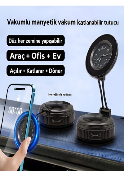 Saat Tasarımlı Araç İçi Telefon Tutucu Magsafe Manyetik 360 Ayarlanabilir Katlanabilir Siyah - Siyah