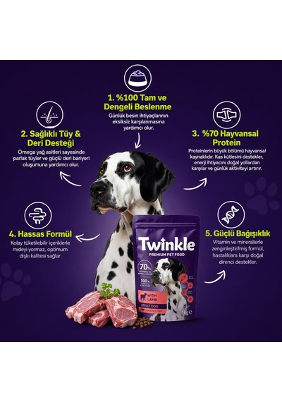 Twinkle Kuzulu Yetişkin Köpek Maması 1 Kg - Kuzu Etli Kuru Köpek Maması -%70 Hayvansal Protein - Tam Ve Dengeli Beslenme - Tüy Ve Deri Desteği
