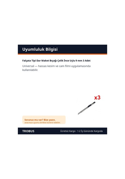 Trobus Falçata Tipi Dar Maket Bıçağı Çelik İnce Uçlu 9 Mm 3 Adet