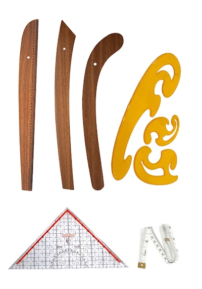 6 Parça Set 3 Lü Modelist Riga Cetvel Seti, Modelist Gönyesi, Pistole Cetvel Ve 150 Cm Mezura Ahşap