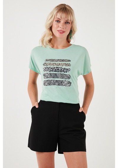 Lela Baskılı Bisiklet Yaka Regular Fit Bayan T Shirt 6671003 Mint