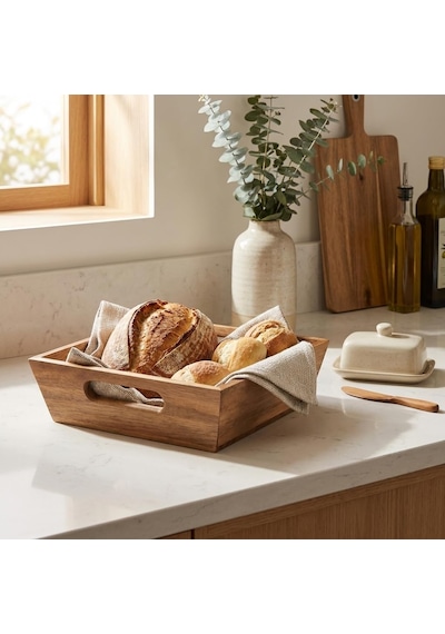 Lexroo Akasya Ekmek Sepeti 20 X 20 Cm, Kulplu Ahşap Ekmeklik, Kare Kahvaltı Ve Sunum Sepeti, Poğaça Çok Renkli