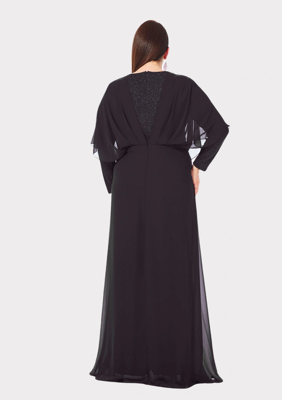 Lilas Xxl Büyük Beden Siyah Renkli Likralı Simli Abiye Elbise Siyah