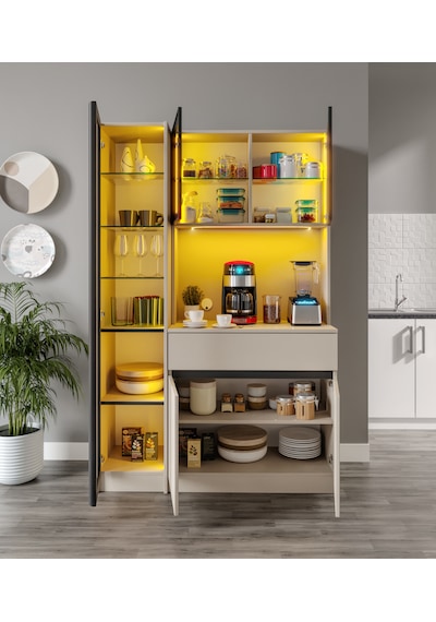 Lora Kum Beji Midi Sol Vitrinli Komple Mdf Led Aydınlatmalı Kahve Köşesi Lora Kum Beji Midi Sol Vitrinli Komple Mdf Led Aydınlatmalı Kahve Köşesi