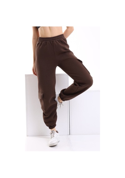 Winmoda34 Kadın Jogger Kalın 3 Iplik Yandan Cepli Kargo Eşofman Altı Kahverengi