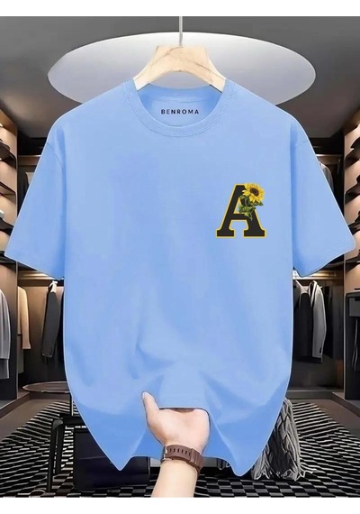 Çiçekli A Baskılı Oversize Tişört Bebe Mavisi