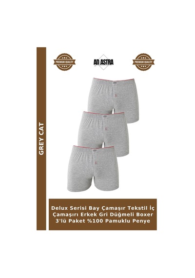 Grey Cat Delux Serisi Bay Çamaşır Tekstil İç Çamaşırı Erkek Gri Düğmeli Boxer 3'lü Paket %100 Pamuklu Penye