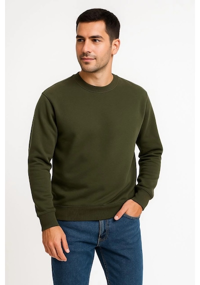 Barlashive Erkek 3 İplik Pamuklu Düz Bisiklet Yaka Sweatshirt - Haki Çok Renkli