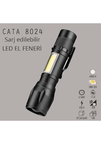 Cata Ct-8024 Police Cep Led Usb Şarjlı 3 Fonksiyonlu El Feneri Çok Renkli