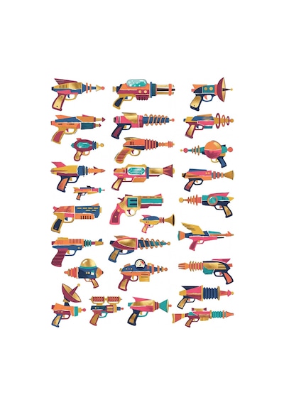 30 Adet Retro Bilim Kurgu Uzay Tabancası Sticker Seti - Laptop Kılıf Defter Çok Renkli