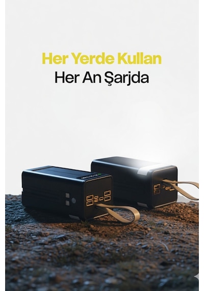 Solar 50.000 Mah Güneş Enerjili Led Işıklı Powerbank Şarj Aleti 2x Usb Çıkışlı Mikro Type-c Siyah
