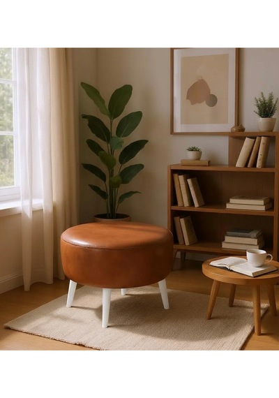 Waterybrook Suni Deri Puf Large - Beyaz Ahşap Ayaklı - Retro Modern Tasarım - Dekoratif Sehpa Taba Kahverengi