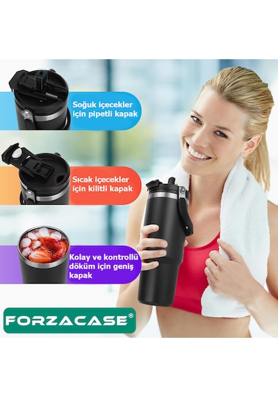 Forzacase 900 Ml Paslanmaz Çelik Pipetli Ve Kilit Kapaklı Kulplu Termos 6 Saat Sıcak/soğuk - Fc1180 Pembe