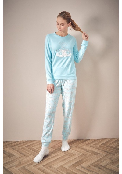 Fullamoda Ayıcık Nakışlı Bisiklet Yaka 2 Li Pijama Takımı 24mıcg631125723-mavi Mavi