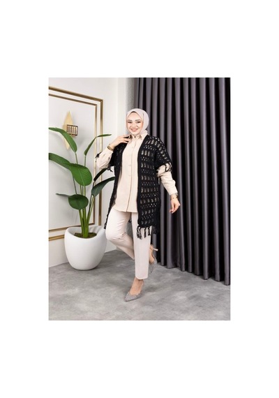 Hira Life Fashion Kadın Mevsimlik Saçaklı Ve Ajurlu Pamuk Triko Hırka Siyah Siyah