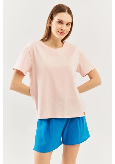 Kadın Oversize Rahat %100 Pamuklu Penye Bisiklet Yaka Kısa Kol Basic T-shirt Pudra