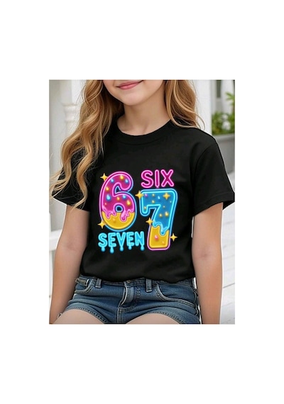 Stil X Sıx Seven Baskılı Kız Çocuk Tshırt, 67 Tasarımlı Siyah-3