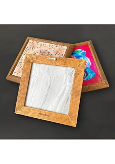 Ebru Sanatı Taş Duvar Tablosu - Ahşap Çerçeveli Taş Tablo - 25x25 Cm - Dekoratif Duvar Sanatı - Modern Ev Ve Ofis