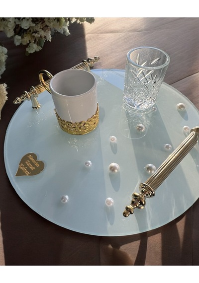 Beloved Gold Beyaz İncili Söz Tepsisi Nişan Tepsisi Ve Damat Kahve Fincan Tepsisi Gold Gold