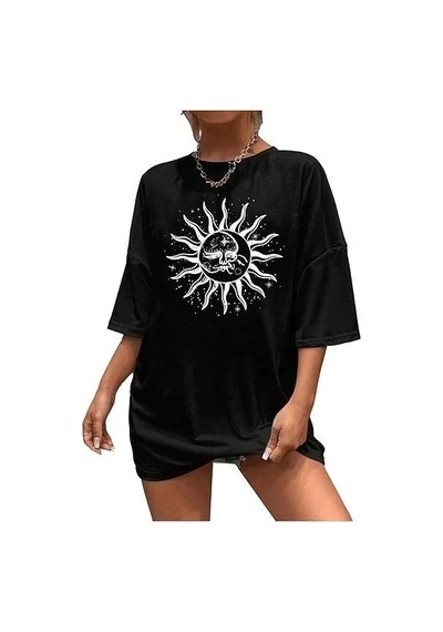 Kadın Baskılı T-shirt Kısa Kol Bisiklet Yaka Regular Fit Rahat Kalıp Tişört - Siyah