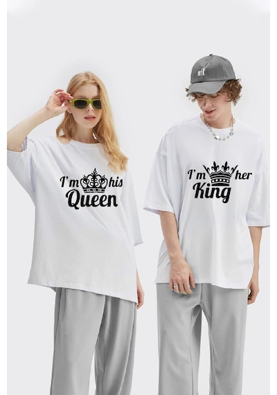 Unisex Kadın Erkek King Queen Baskılı Sevgili Çift Kombini Tasarım Oversize T-shirt 2'li Set Beyaz Mck1962 Beyaz