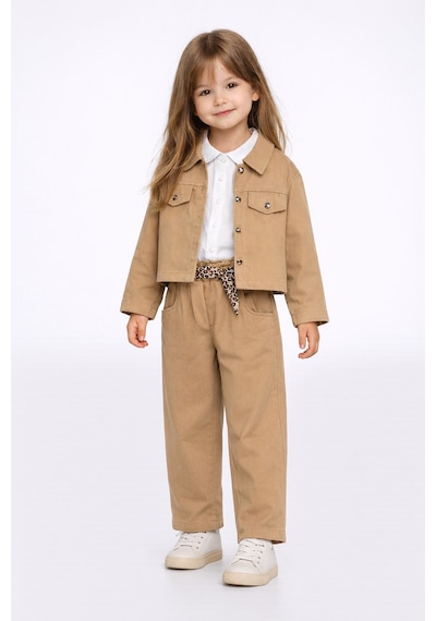 Harika Kids Kız Çocuk Gabardin Ceketli Takım Düğmeli Dokuma Gömlekli, Beli Lastikli Kemerli Pantolon 2-5 Yaş Camel