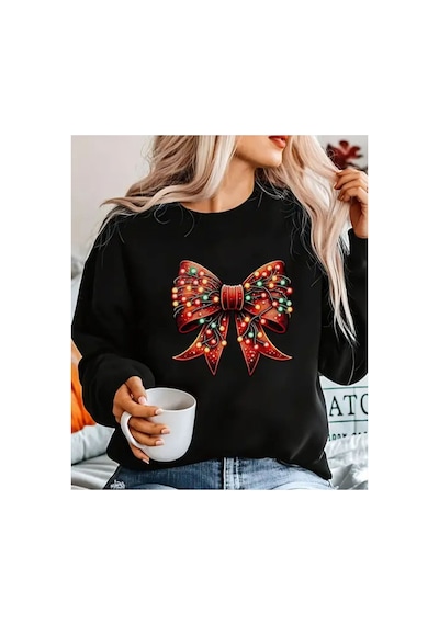 Herkesemoda Kurdele Baskı Detaylı Bisiklet Yaka Sweatshırt Siyah