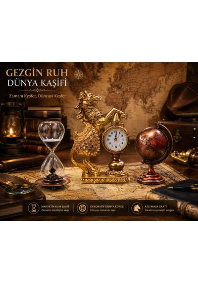 Lüks Prestij Masa Dekorasyon Seti Gold At Figürlü Masa Saati Metal Kum Saat Metal Bronz Dünya Küresi