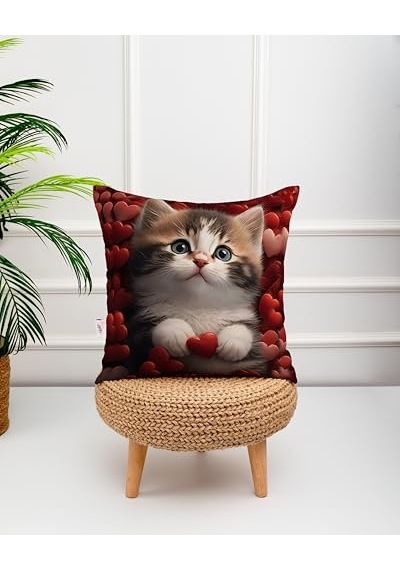 Kedi Fotoğraflı Kalp Desenli Dijital Baskılı Dekoratif Kırlent Yastık Kılıfı Çok Renkli