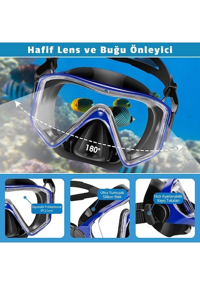 Hpytech Ayarlanabilir Şnorkel Seti Dalış Maskesi Palet Ve Kuru Şnorkel Takımı Yetişkin Deniz Havuz Seti S-m / L-xl Mavi-Siyah