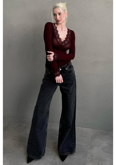 Madmext Bordo V Yaka Dantelli Transparan Kadın Bluz Mg2662 bordo