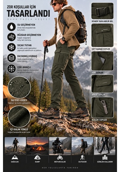 Dechers Erkek Kışlık Softshell İçi Polarlı Rüzgar, Soğuk & Su Geçirmez Taktik Pantolon - E232 Haki