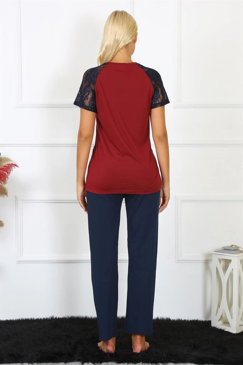 Akbeniz Kadın Kolu Dantelli Penye Pijama Takım 4149 Bordo