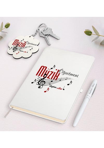 Kişiye Özel Müzik Öğretmeni Beyaz Defter Kalem + Anahtarlık