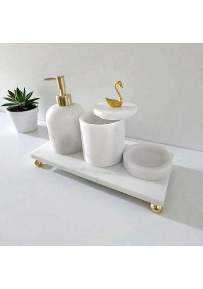 Mermer Banyo Seti Gold 4'lü Set Beyaz