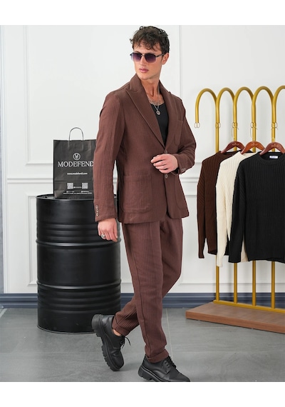 Modefendi %100 Pamuk Keten Modern Fit Örgü Kemer Detaylı Keten Takım Elbise Kahverengi Modefendi %100 Pamuk Keten Modern Fit Örgü Kemer Detaylı Keten Takım Elbise Kahverengi