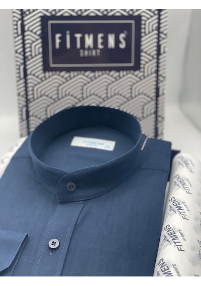 Hakim Yaka Slim Fit Keten Hediye Kutulu Erkek Gömlek Fs-003042 - Lacivert-2195