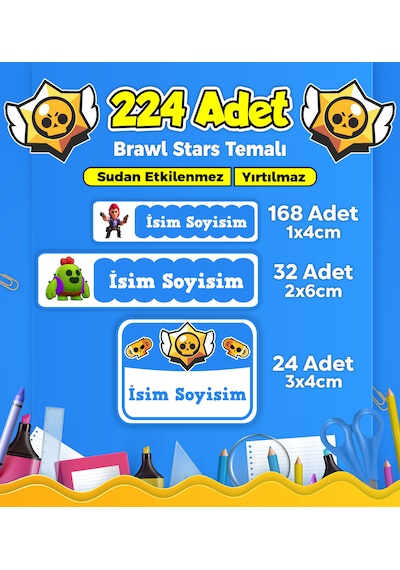 Okul Kreş Kişiye Özel İsim Etiket Seti Brawl Star Temalı - Model 126 Çok Renkli